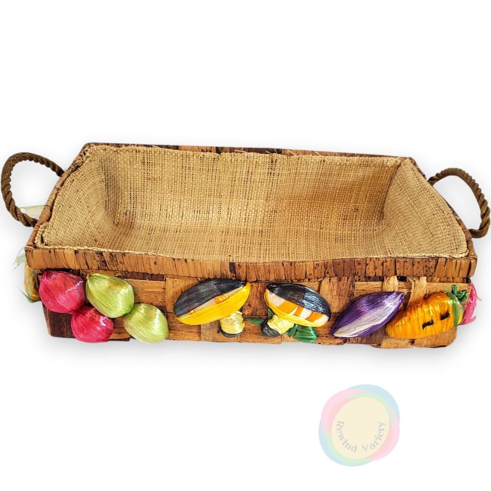 Vintage Woven Casserole Basket Raffia Vegetables 70s